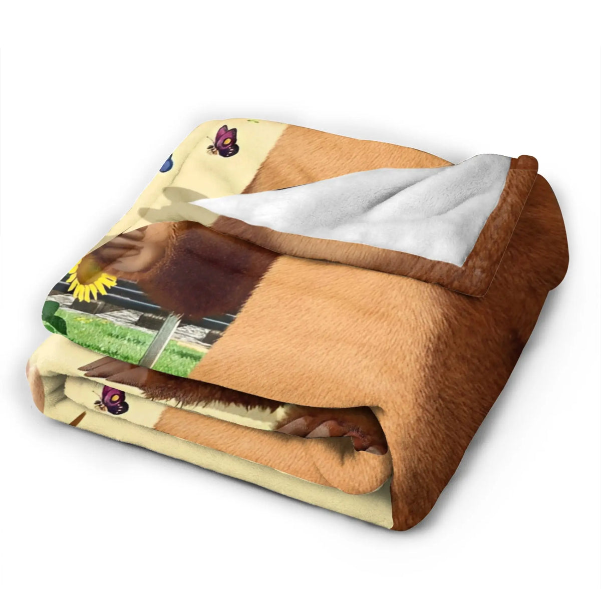 A brown flannel throw blanket featuring a cartoon design of Masha and Bear.