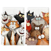 A set of two cartoon cat kitchen towels featuring various feline characters in black, orange, and white.