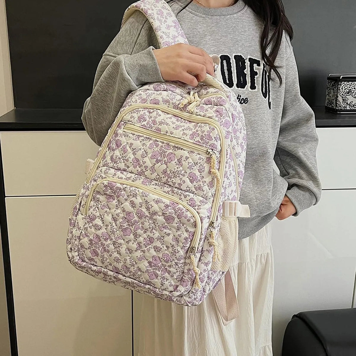 Floral Quilted Backpack Set with Crossbody Bag