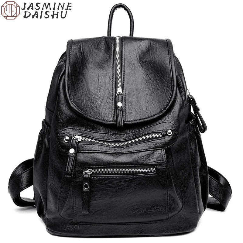 Black vintage faux leather women's backpack with multiple compartments