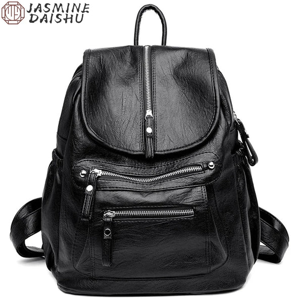 Black vintage faux leather women's backpack with multiple compartments