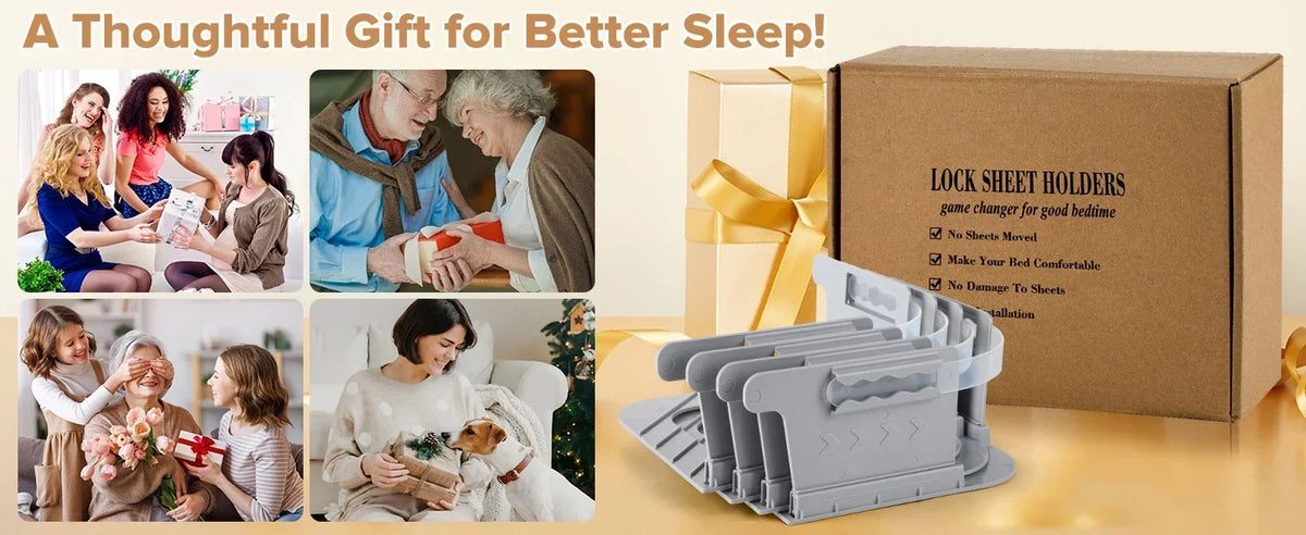 A set of four gray lock sheet holders designed to keep bed sheets tidy and prevent movement.