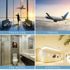 Four panels showing travel, a plane in the sky, a hotel bathroom, and a hospital interior.