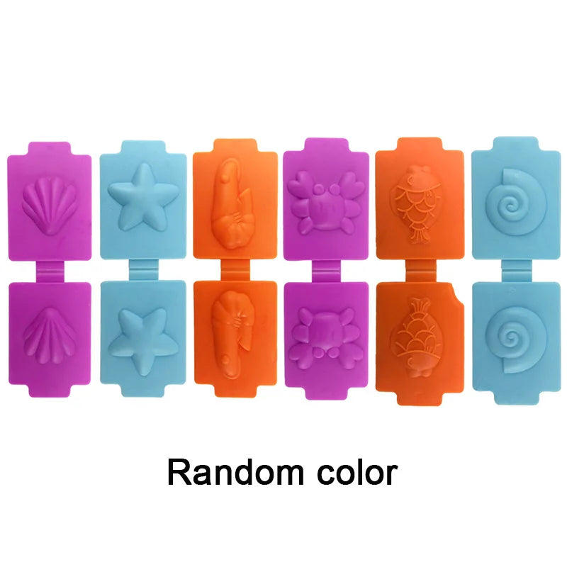 A set of eight silicone animal-shaped playdough tools in purple, blue, and orange colors.