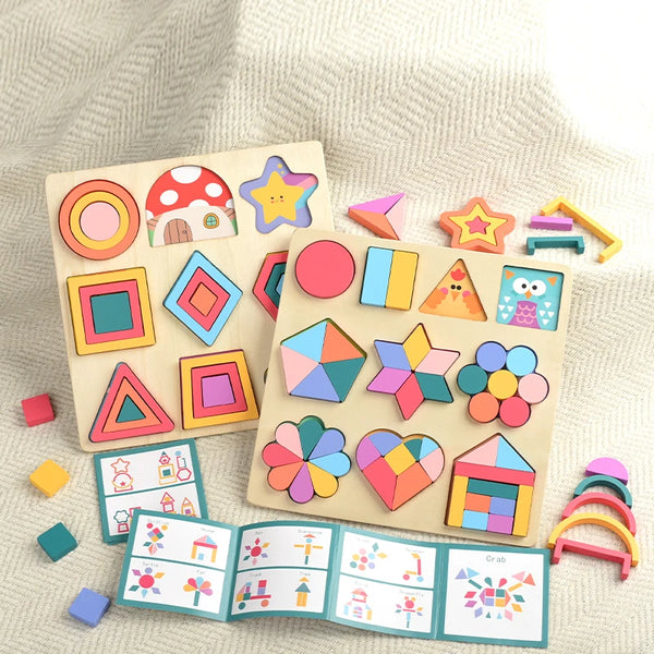 A wooden rainbow shape puzzle for kids featuring colorful geometric shapes and rainbows.