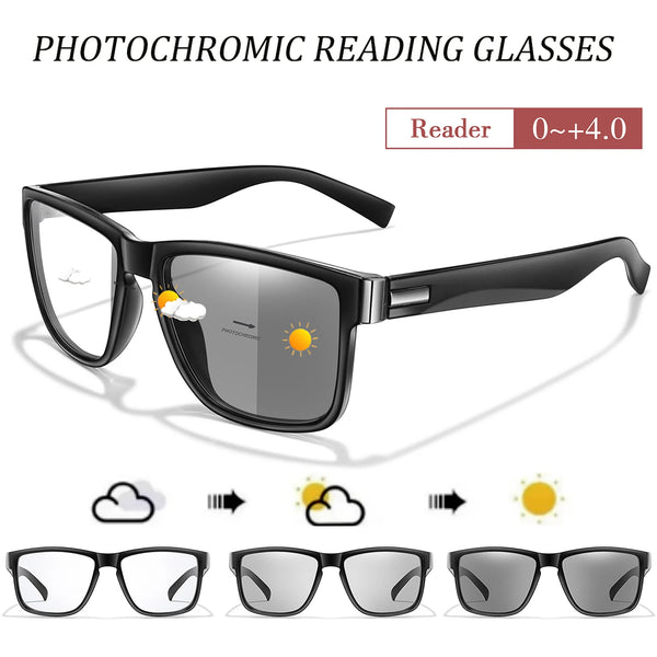 Eine schwarze photochromische Brille zum Lesen, gezeigt unter verschiedenen Lichtverhältnissen.
