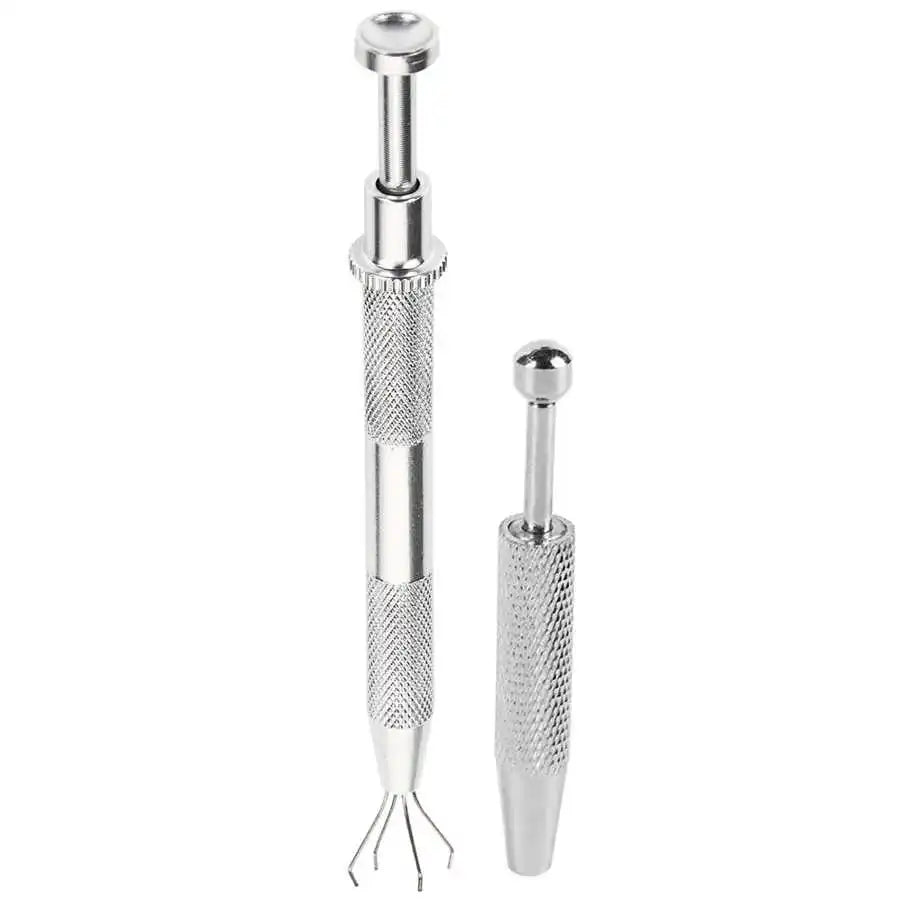 A silver precision 4-claw pick-up tool for jewelry making and crafting.