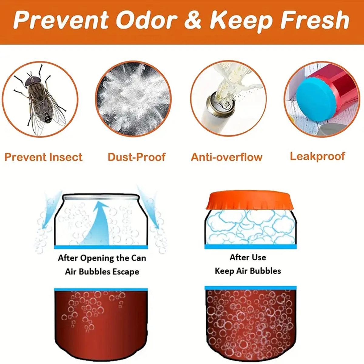 Six-pack silicone can lids designed to prevent odor, dust, and leaks on soda and beer cans.