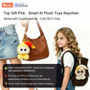 A child holds a brown leather bag with an AI plush toy keychain attached, demonstrating its use.