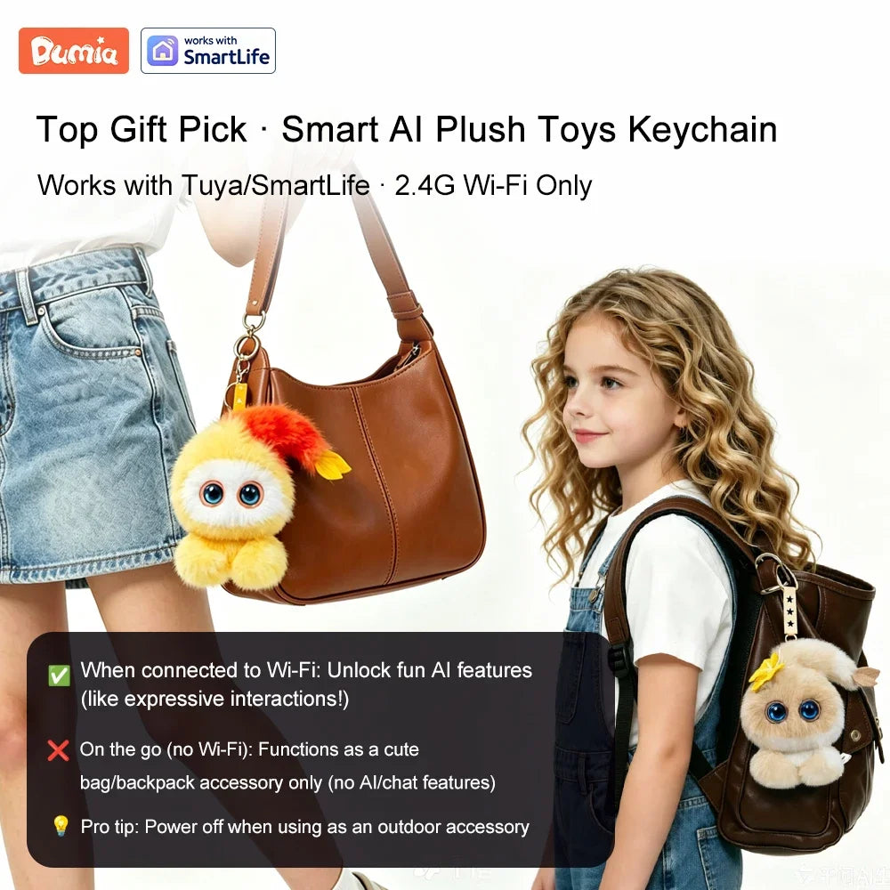 A child holds a brown leather bag with an AI plush toy keychain attached, demonstrating its use.