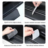 Carbon fiber door sill protector stickers shown with features like fit, scratch resistance, waterproof cleaning, and tear-fre