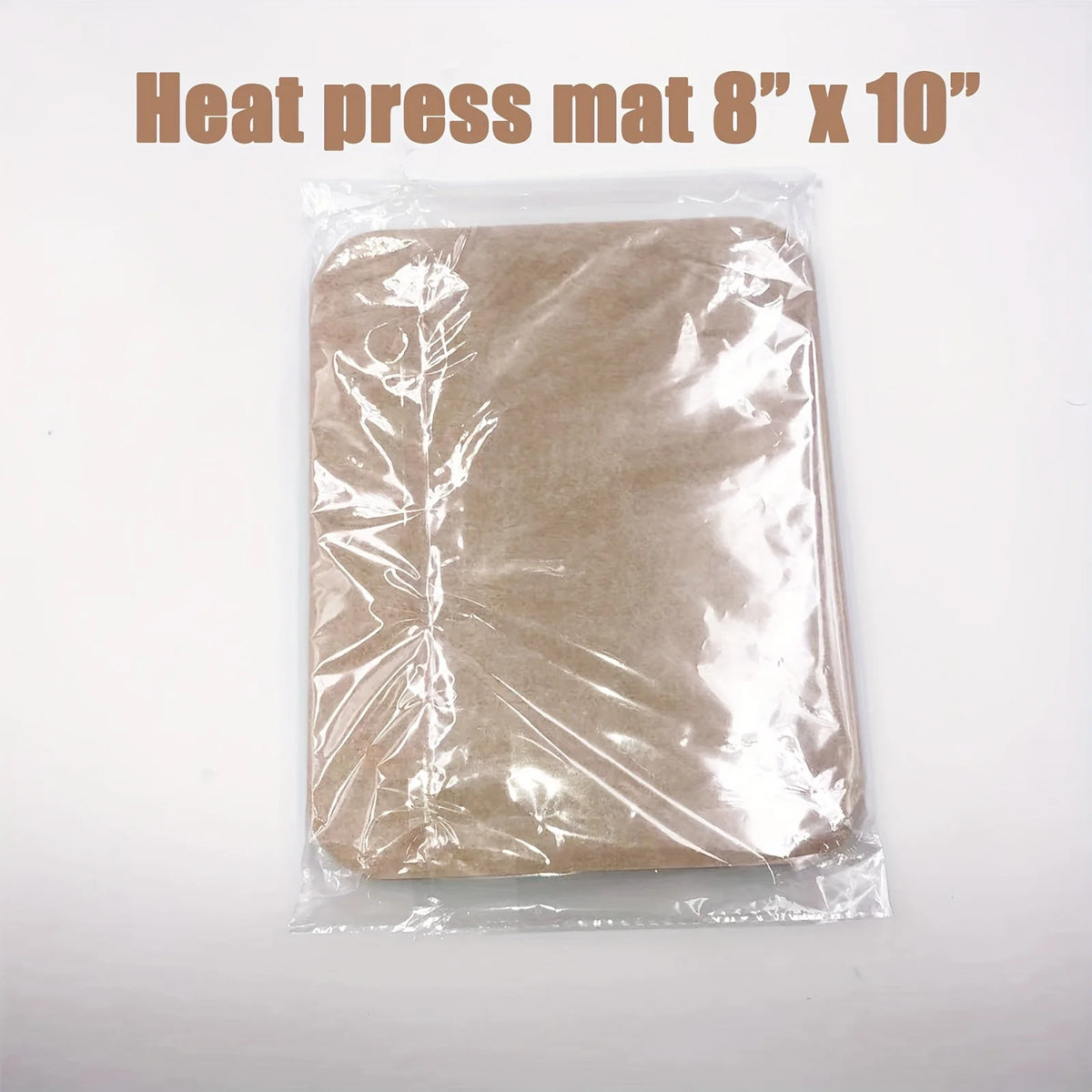 A clear plastic bag containing an 8" x 10" heat press mat made of beige wool felt.