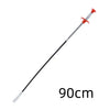 A long, thin drain auger with a claw grabber tip and red handle.