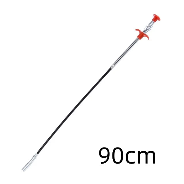 A long, thin drain auger with a claw grabber tip and red handle.