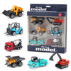 A set of six die-cast construction toys including an excavator, loader, and tractor in various colors.