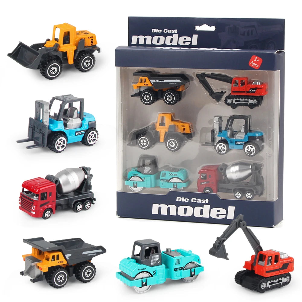 A set of six die-cast construction toys including an excavator, loader, and tractor in various colors.