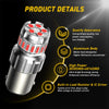 A silver LED bulb with a threaded base and red accents is shown with product details highlighting its aluminum body, power, a