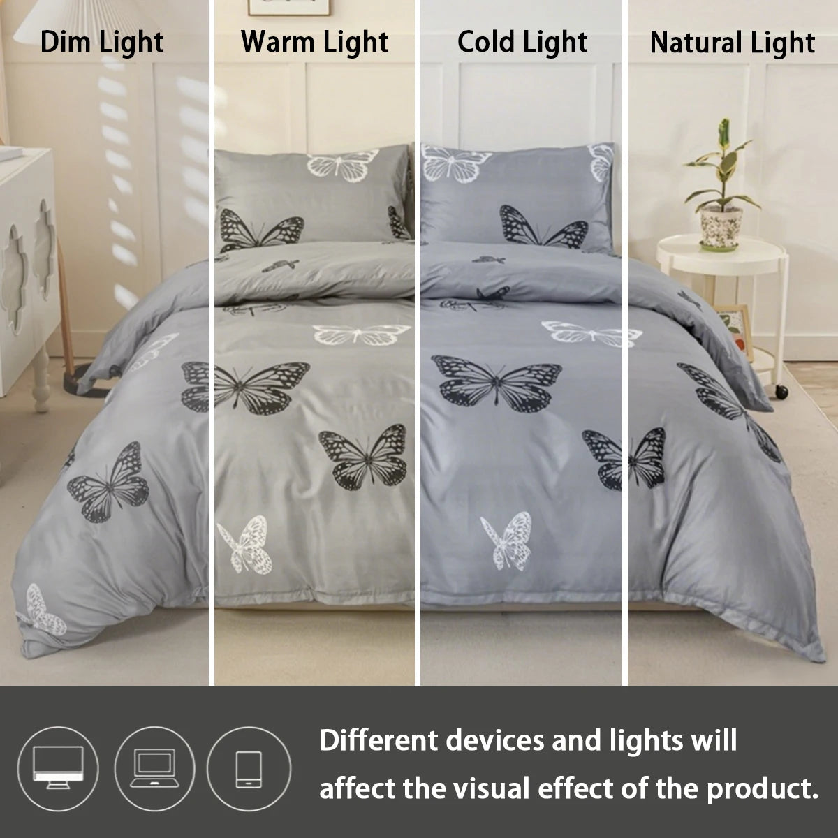 A butterfly print duvet cover set displayed under dim, warm, cold, and natural light settings.