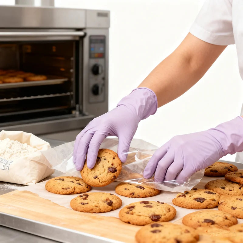 A hand wearing light purple disposable nitrile gloves is placing round chocolate chip cookies onto a baking sheet.