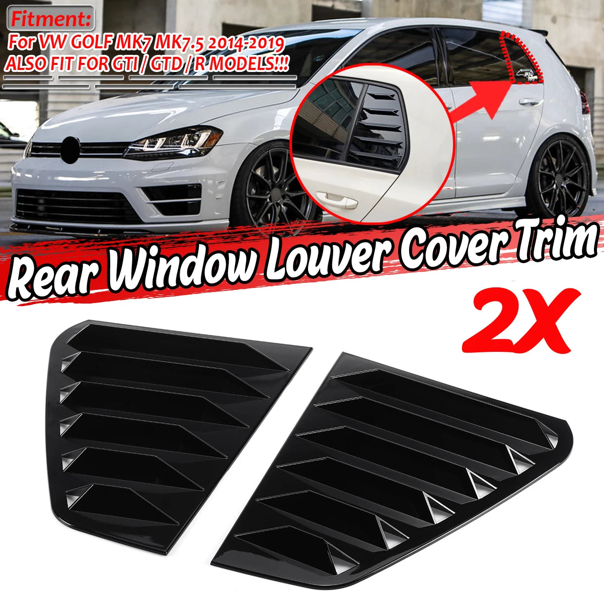 A pair of black rear window louver cover trim pieces for a Volkswagen Golf MK7 or GTD model.