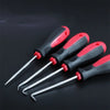 A set of four automotive pick and hook tools with black and red handles and silver tips.