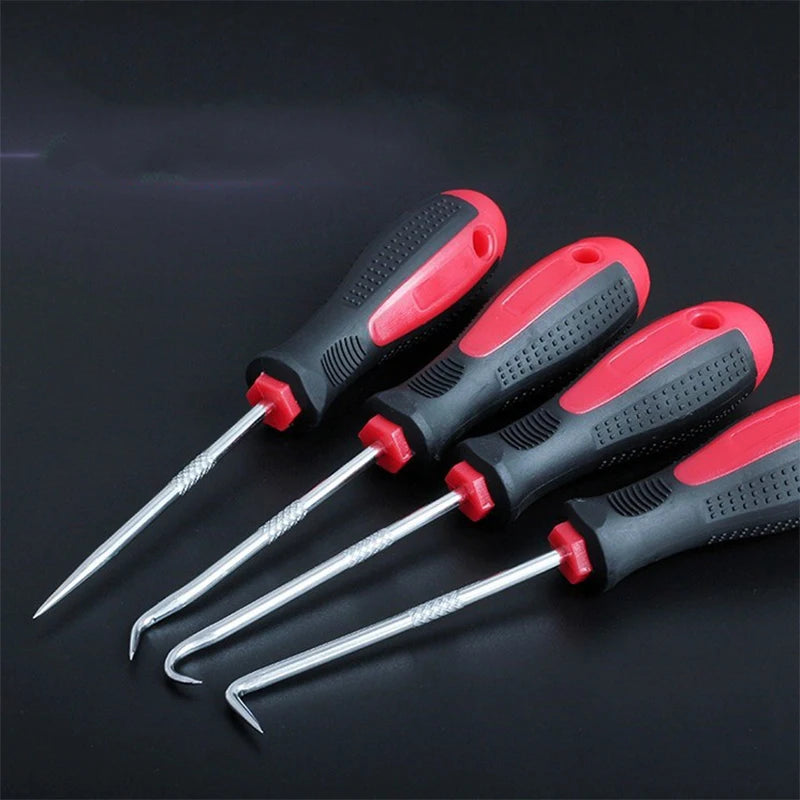 A set of four automotive pick and hook tools with black and red handles and silver tips.