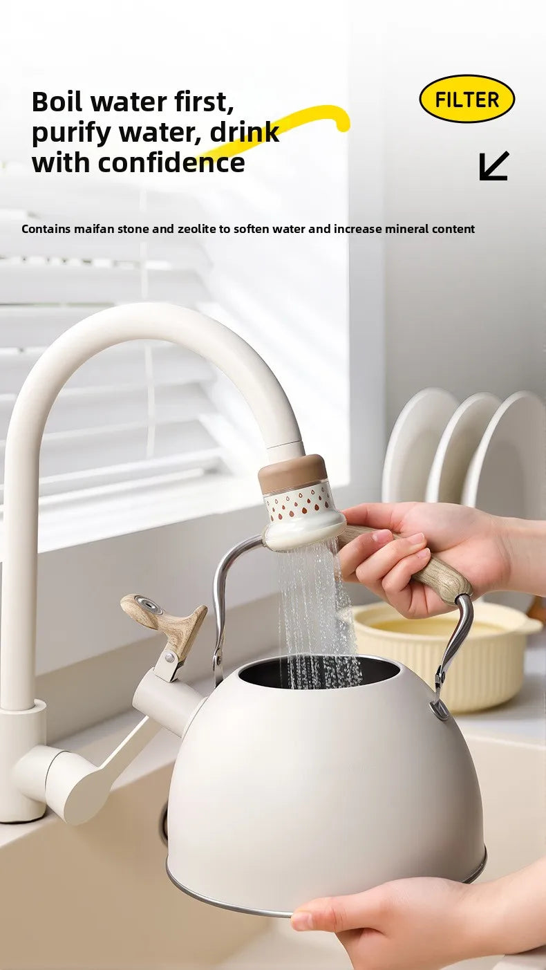 A person is using a kitchen faucet sprayer with a filter to purify water for drinking.