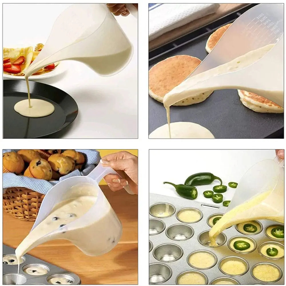 A plastic measuring cup with a long spout is pouring a light yellow liquid onto a dark plate.