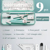 A set of nine mint green geometry drawing tools including an eraser, protractor, pencil, lead, compass, ruler, triangle ruler