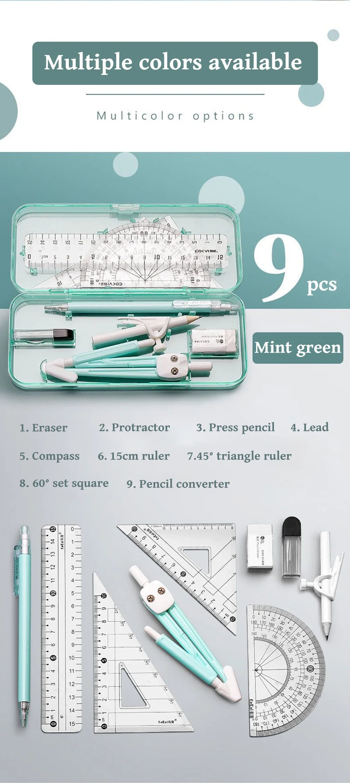 A set of nine mint green geometry drawing tools including an eraser, protractor, pencil, lead, compass, ruler, triangle ruler