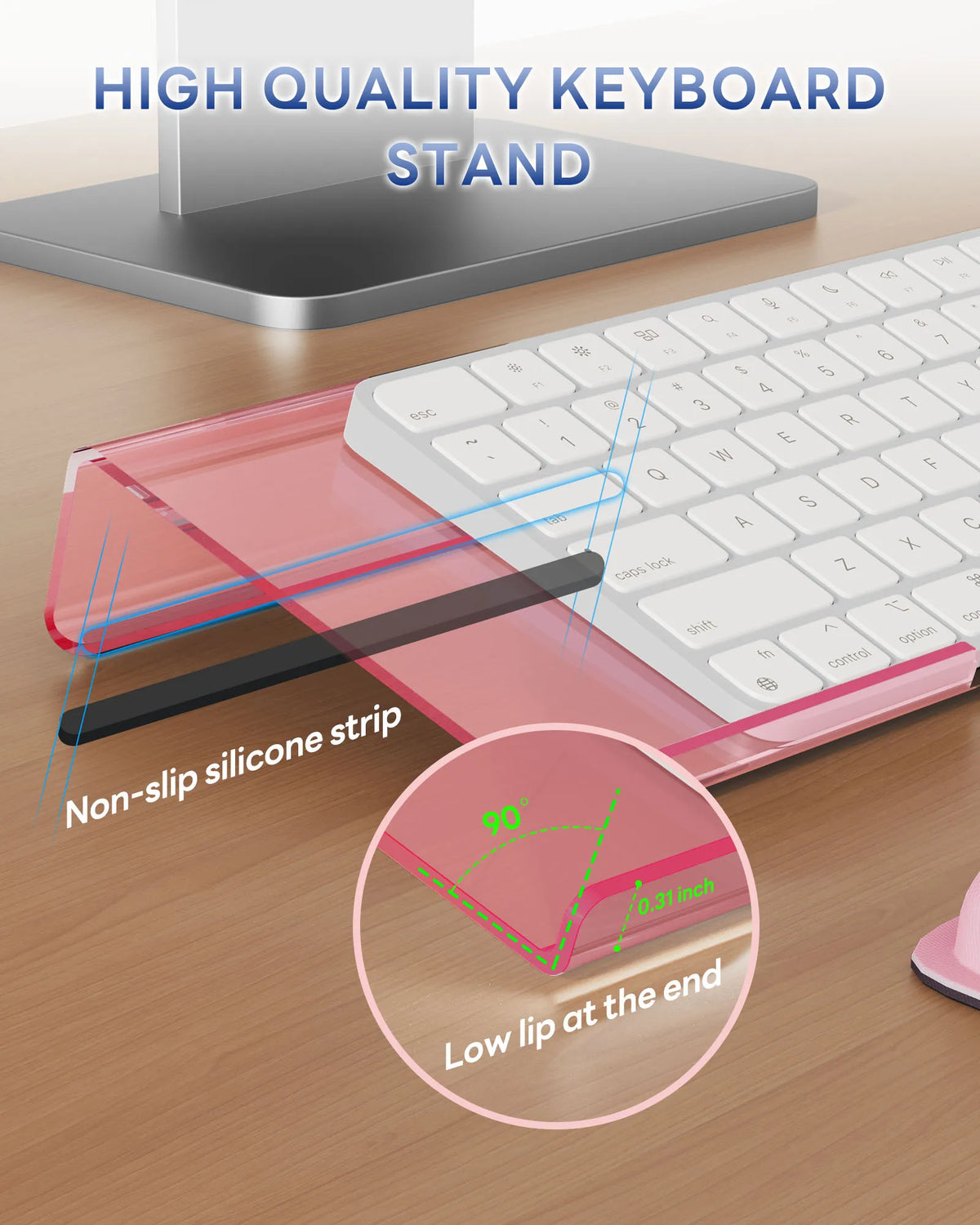 A pink acrylic keyboard stand with a non-slip silicone strip and memory foam wrist rest shown on a wooden desk.