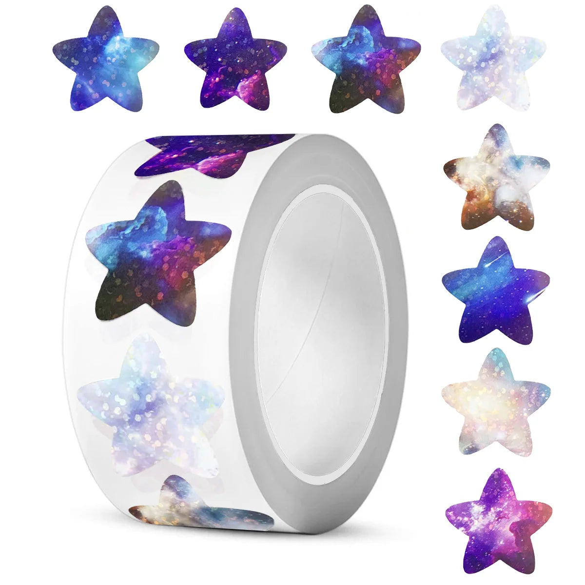 A roll of 500 glitter star stickers featuring various purple and blue stars for crafts and gifts.