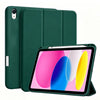 A dark green magnetic flip tablet case shown open, displaying a tablet inside.