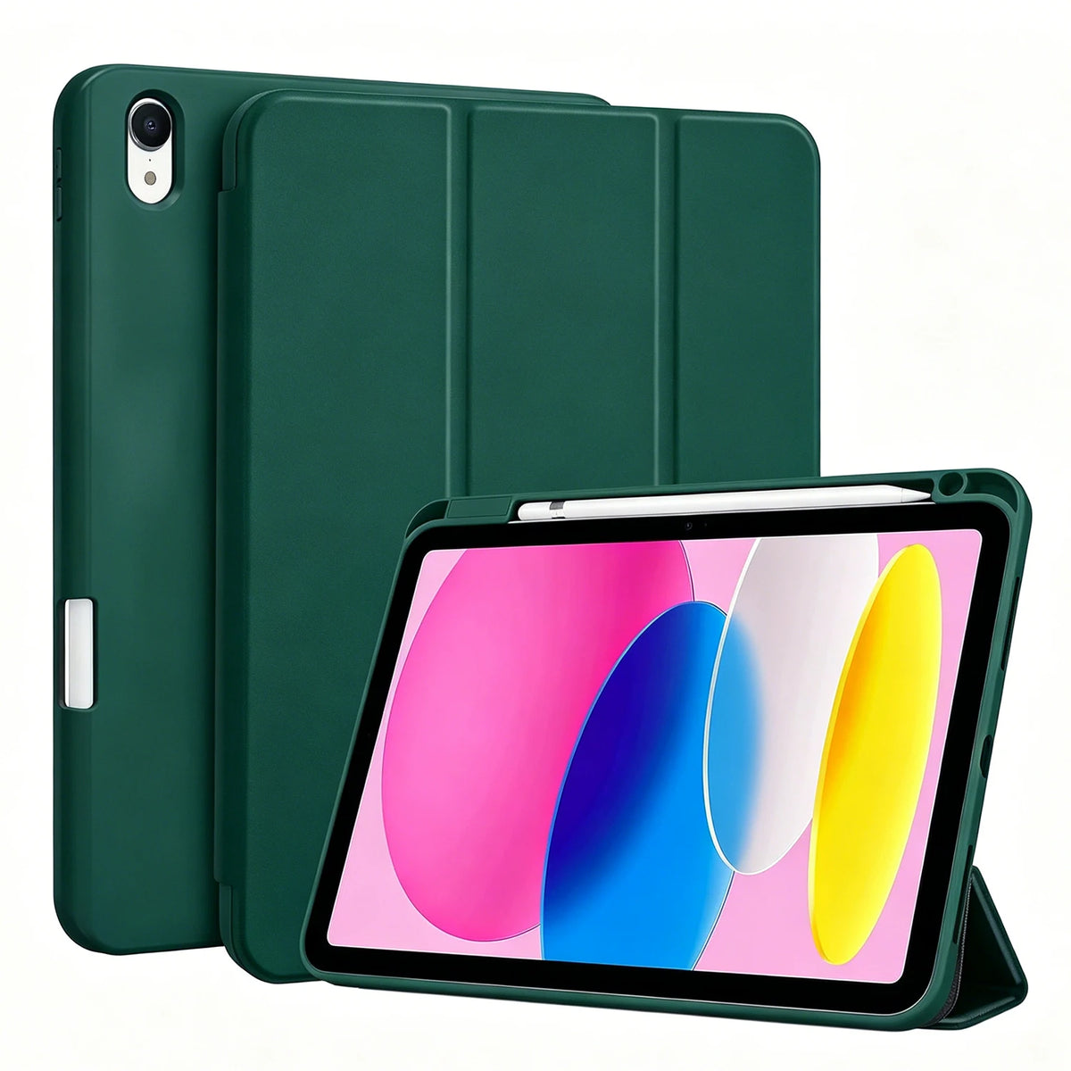 A dark green magnetic flip tablet case shown open, displaying a tablet inside.