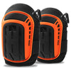 A pair of black and orange heavy-duty gel knee pads for work and gardening.