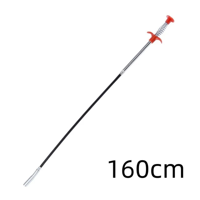 A long, thin drain auger with a claw grabber tip, colored red and black.
