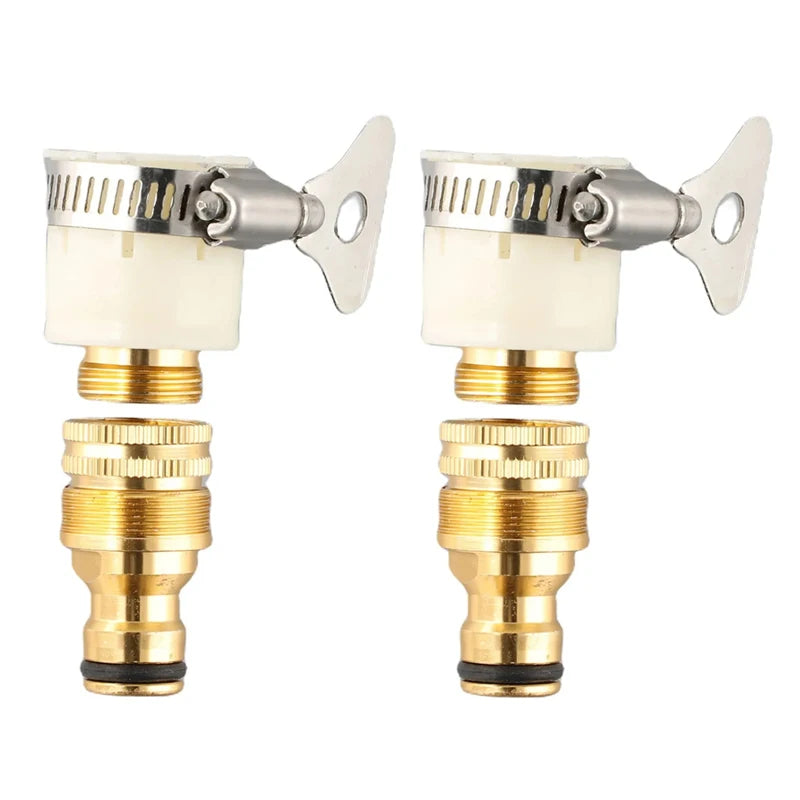 A pair of universal garden hose tap adapters with brass fittings and silver nozzles.