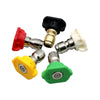 A set of five quick-connect pressure washer nozzles in red, black, gold, white, and green plastic.