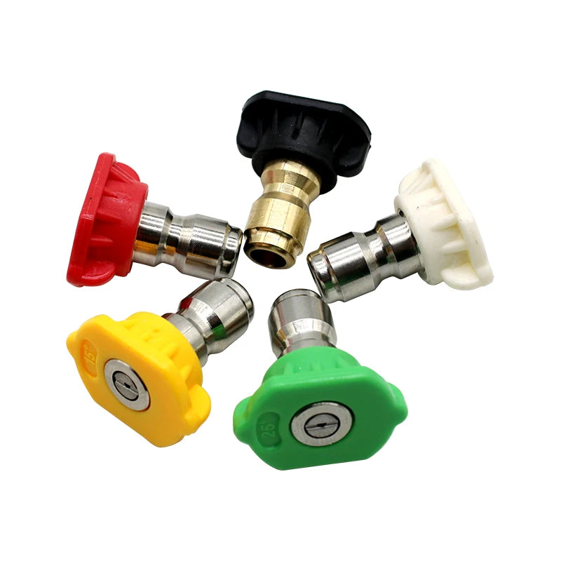 A set of five quick-connect pressure washer nozzles in red, black, gold, white, and green plastic.