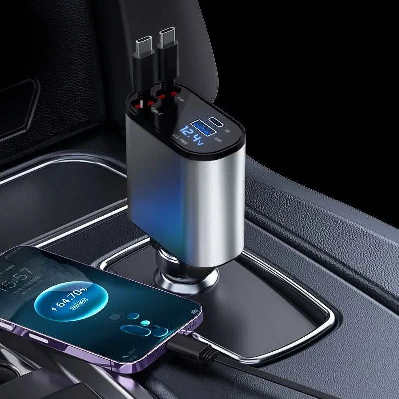 120W 4-in-1 Retractable Car Charger with Dual USB and Type-C Ports