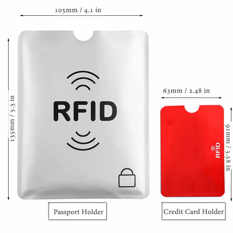 A silver RFID blocking passport holder and a red RFID credit card holder are shown with dimensions.