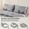 Gray butterfly print pillowcases and duvet cover set demonstrating the envelope closure end design