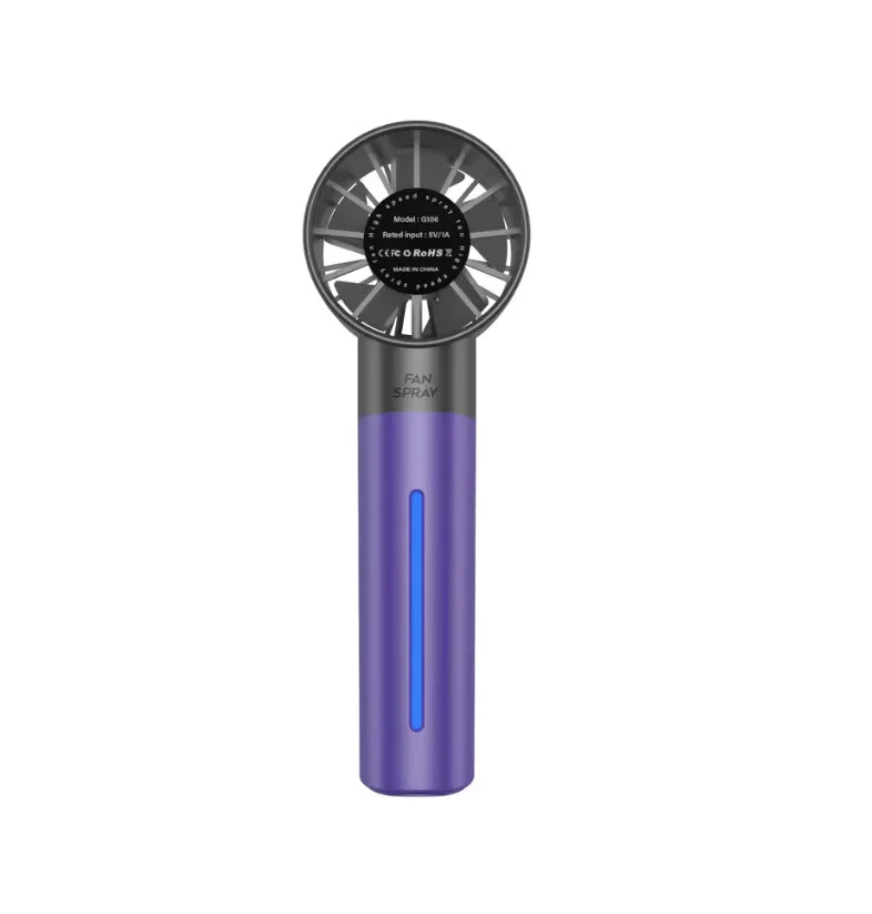 A purple portable USB misting fan with a black grille and blue accents.