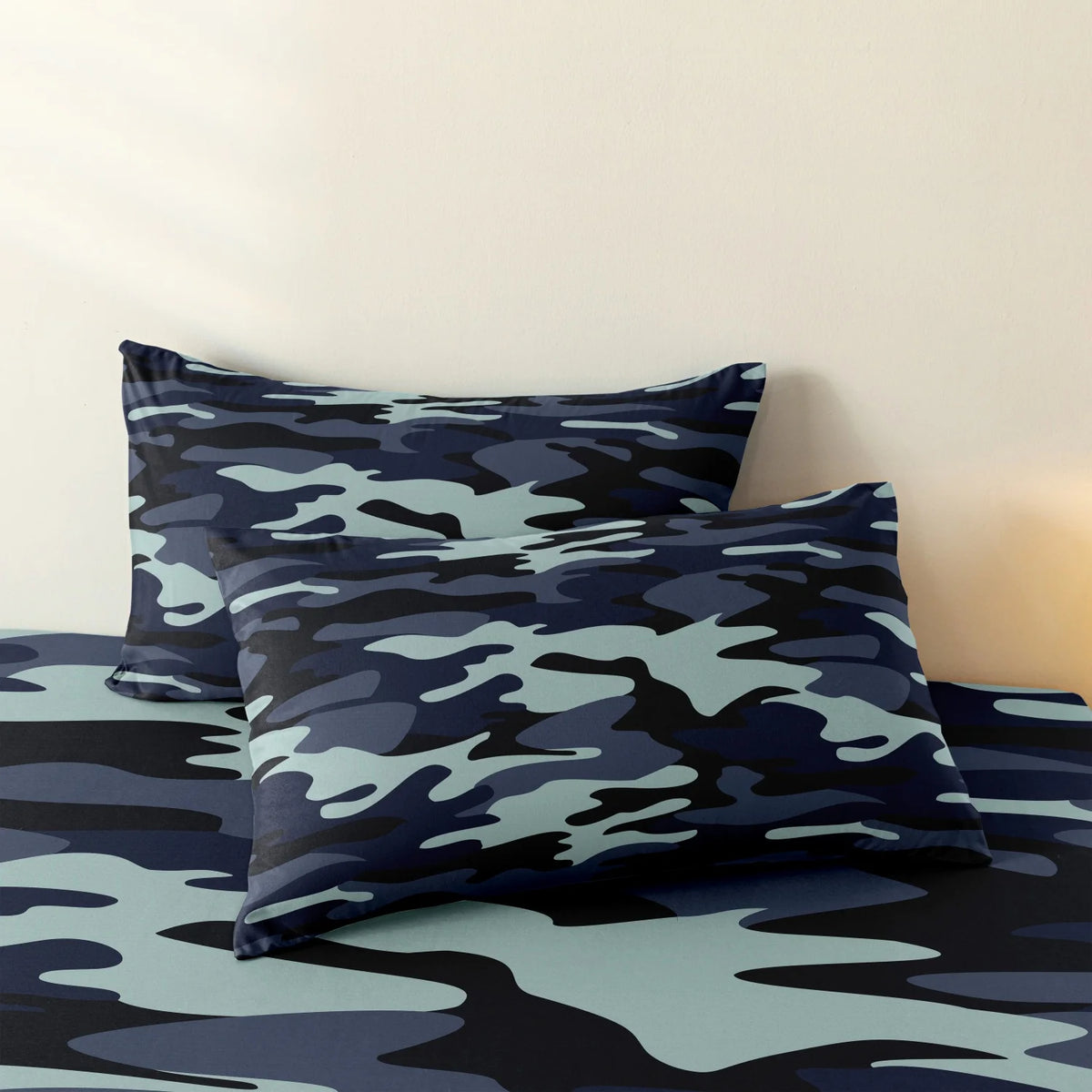 Blue-Black Camouflage Duvet Cover Set with Two Pillowcases