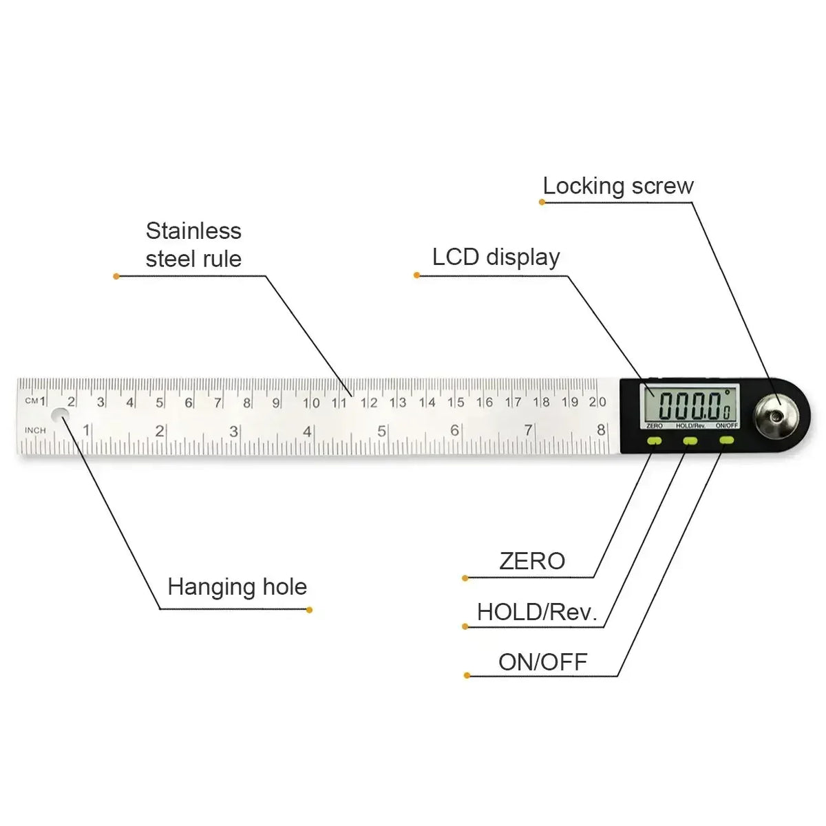Outil d'angle numérique montrant diverses pièces étiquetées, y compris une règle en acier inoxydable, un écran LCD et une vis