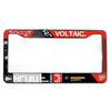 A black and red aluminum license plate frame with a clear plastic insert and mounting tabs.