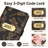 A black wallet with a gold-tone 3-digit code lock featuring a cartoon bear design.
