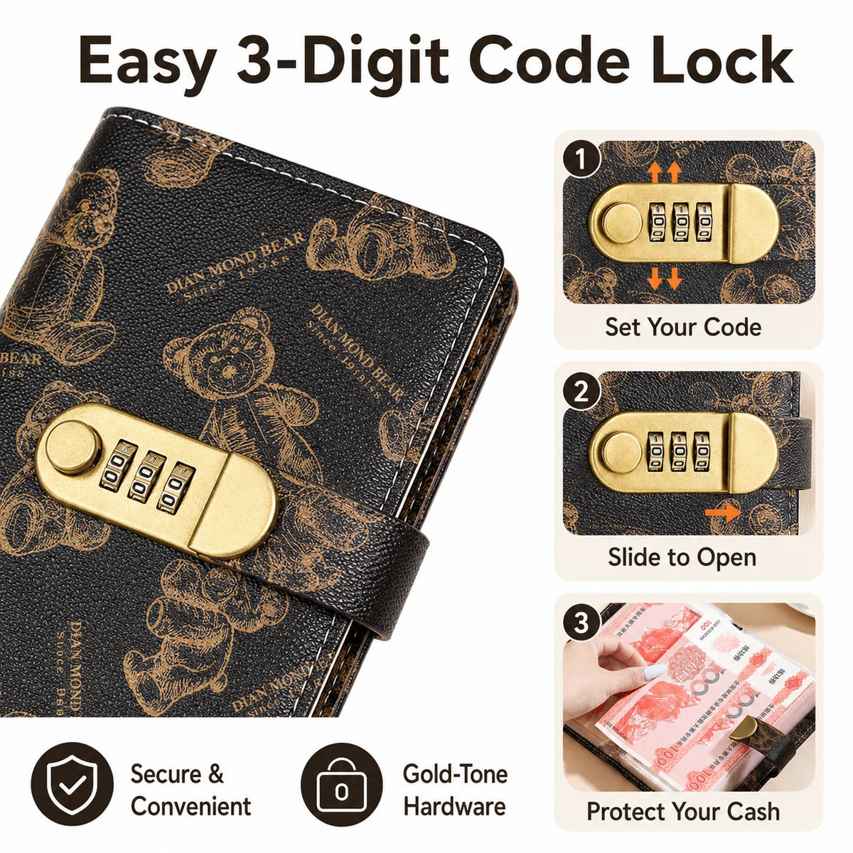 A black wallet with a gold-tone 3-digit code lock featuring a cartoon bear design.