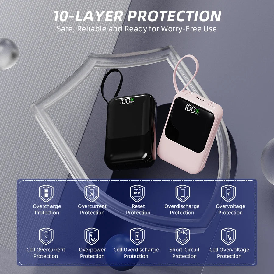 Pinke tragbare Powerbank mit verschiedenen Schutzfunktionen darunter dargestellt.