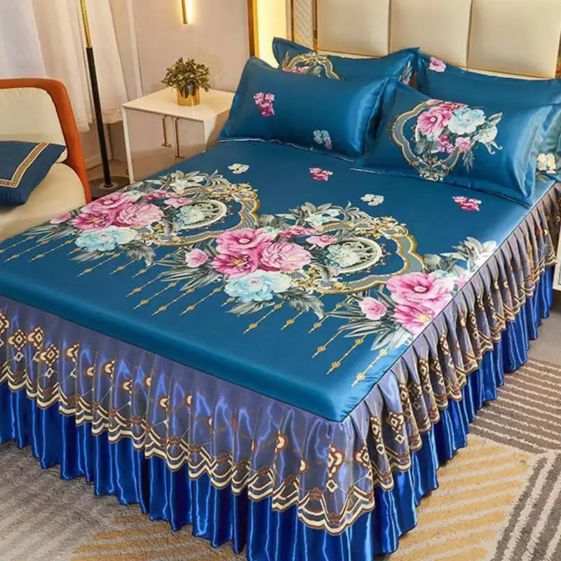 4-Piece Royal Blue Bedding Set with Bed Skirt and Pillow Covers
